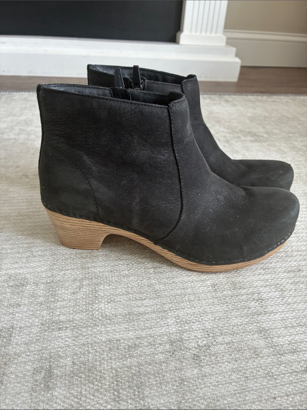 Dansko Black Suede Ankle Booties with Wood-Look Heel
